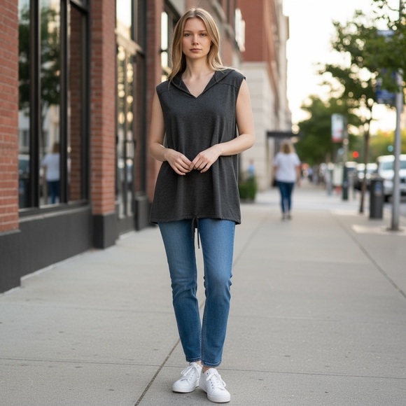 Ariella Grey Sleeveless Hoodie V Neck Laced Up Top
New - Picture 1 of 6